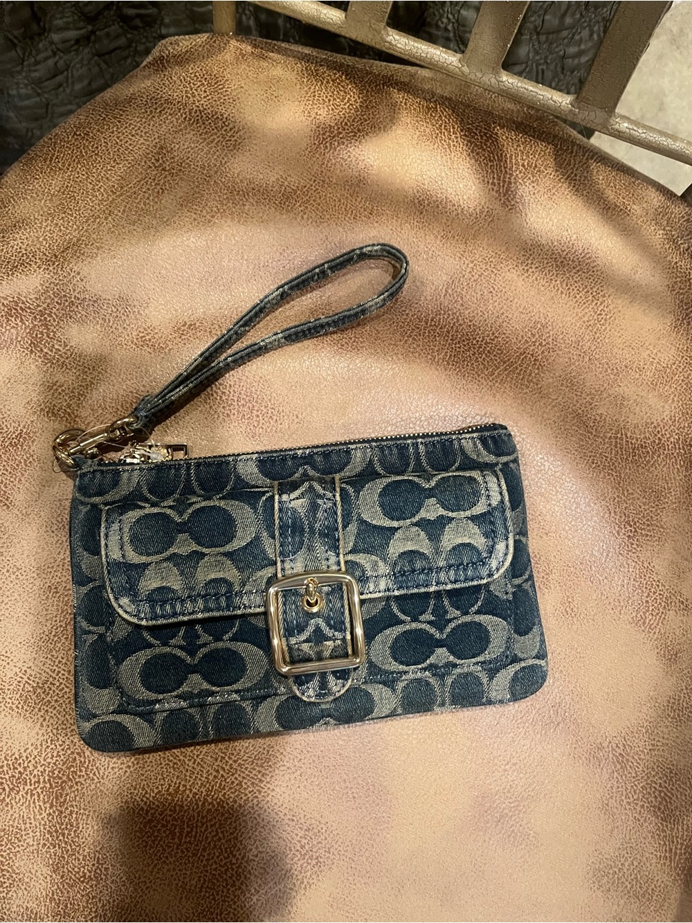 Coach Denim Signature Canvas Wristlet in Navy and Beige with Buckle